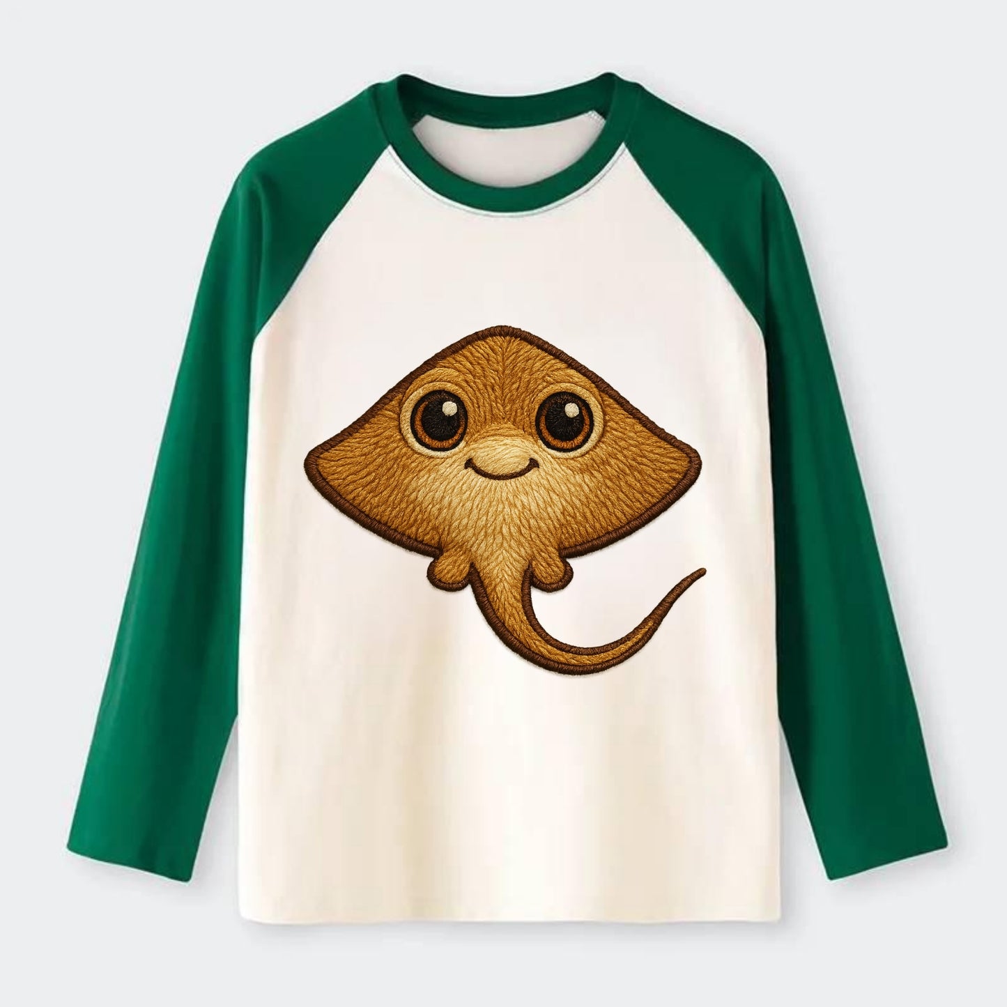 Baby Stingray - flat body, long tail, eyes on top, front-facing, - Raglan Long Sleeve T-Shirt - Green