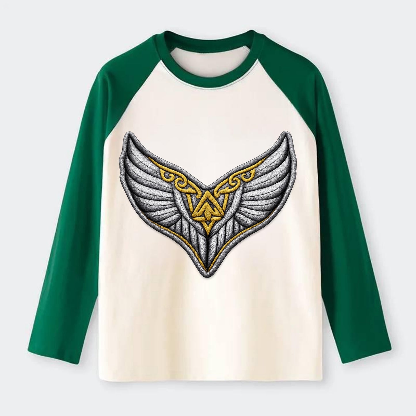 VALKYRIE WINGS - warrior maiden wings in silver and gold , Norse myth - Raglan Long Sleeve T-Shirt - Green