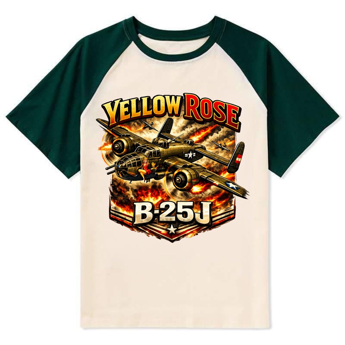 B 25j Yellow Rose - Contrast Raglan T-shirt - Green