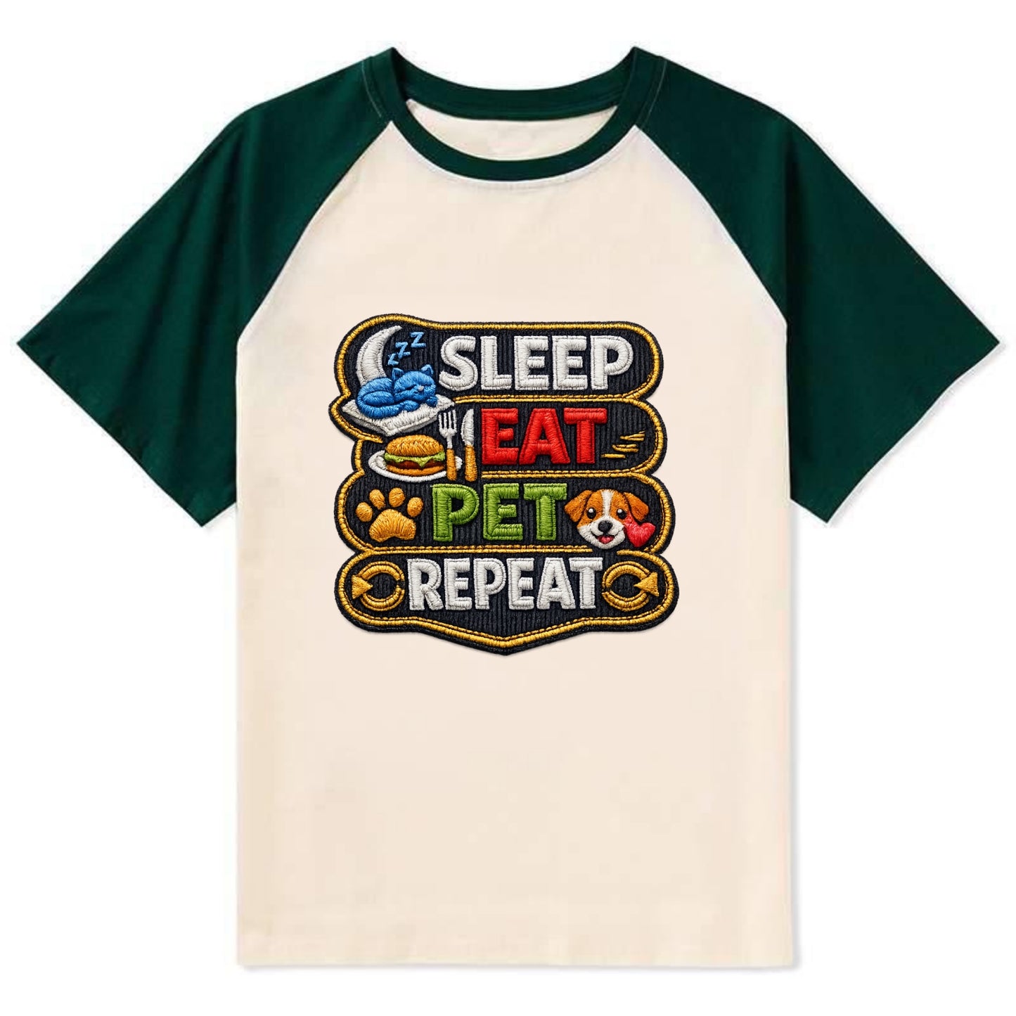 SLEEP EAT PET REPEAT - daily routine icons in multicolor , pet life - Contrast Raglan T-shirt - Green