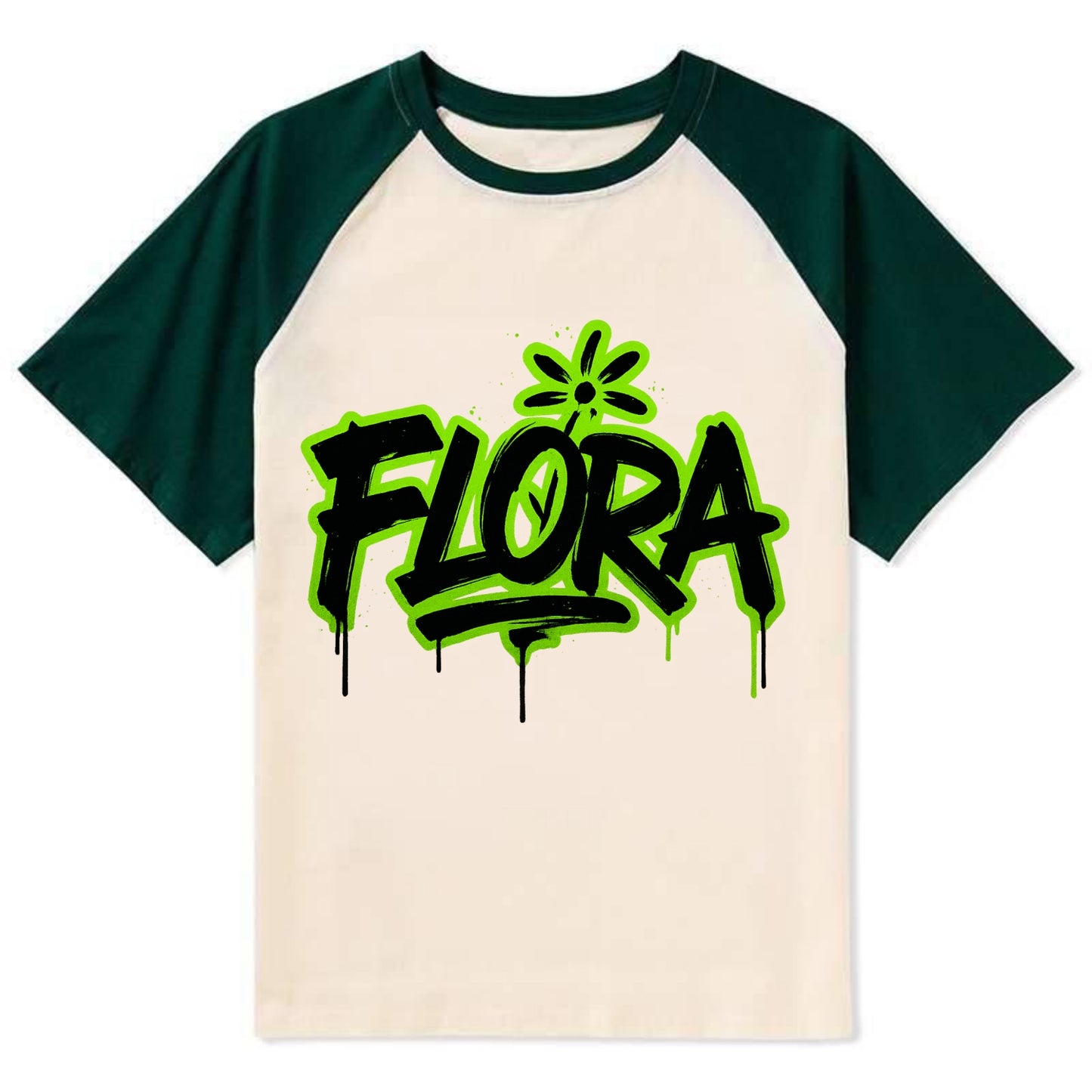 Bold typography design - "FLORA" - plant life, blooming - Contrast Raglan T-shirt - Green
