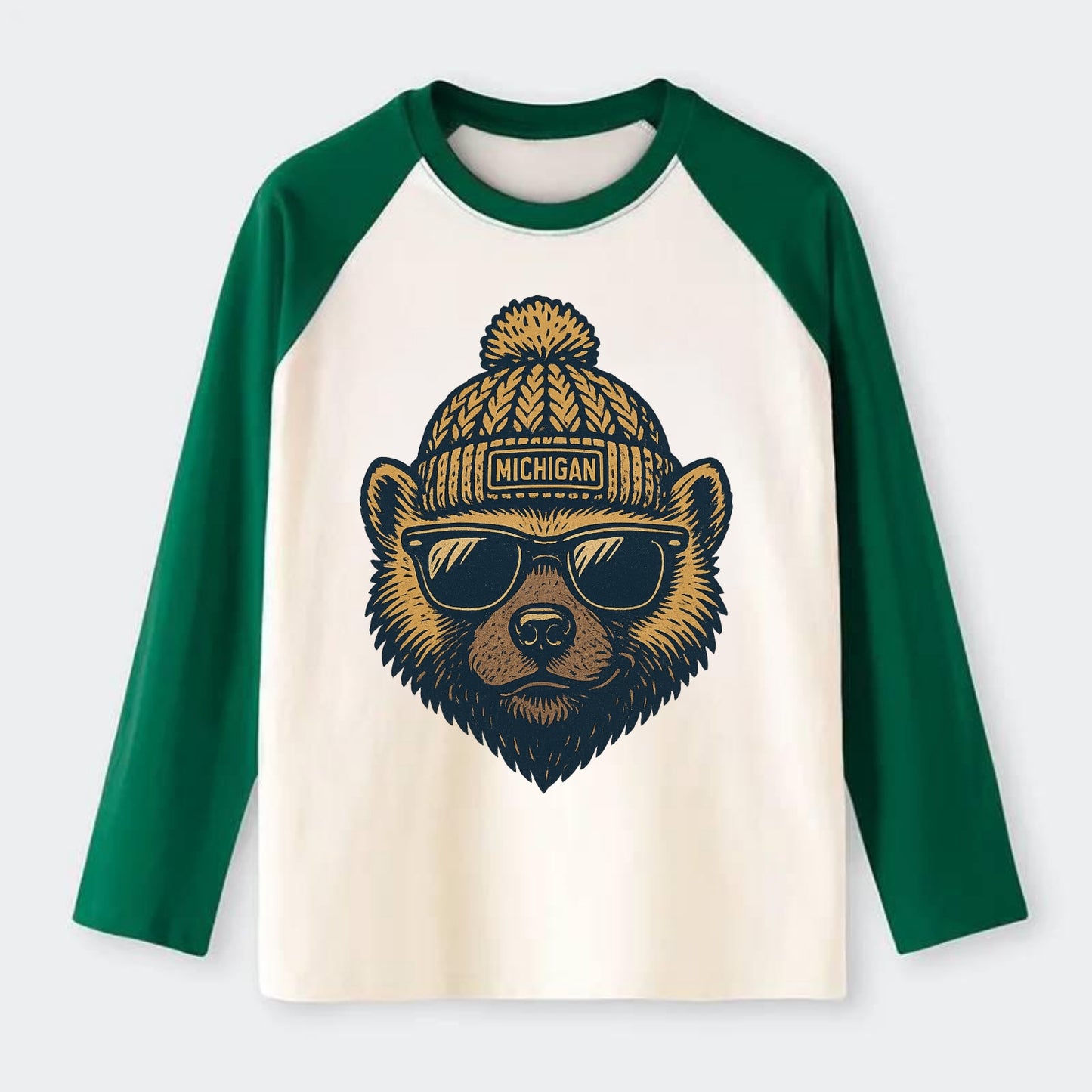 Ann Arbor Wolverine wearing Michigan bea - Raglan Long Sleeve T-Shirt - Green
