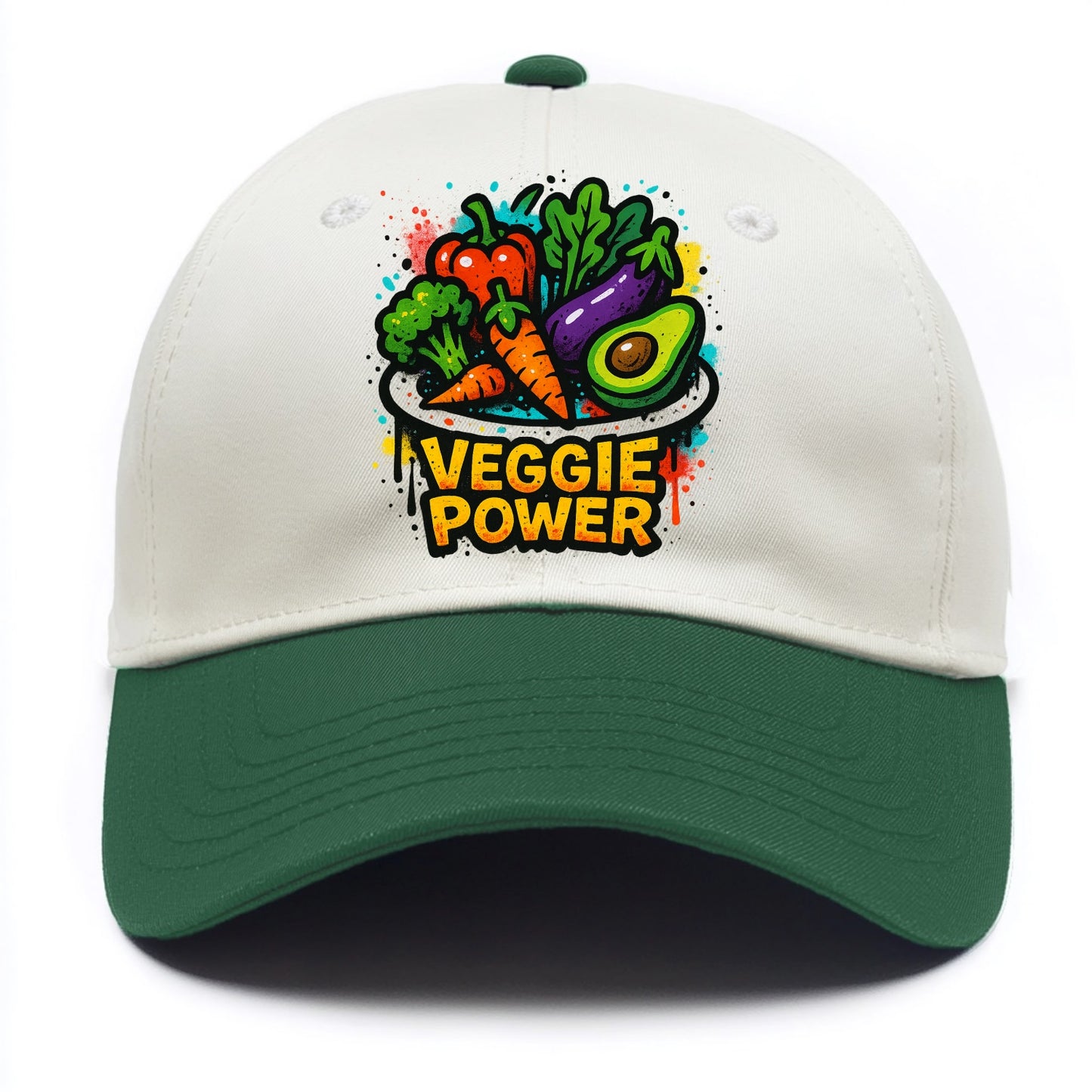 Colorful vegetables and plants on plate - plant-based lifestyle, veggie power - Two Tone Cap - Green