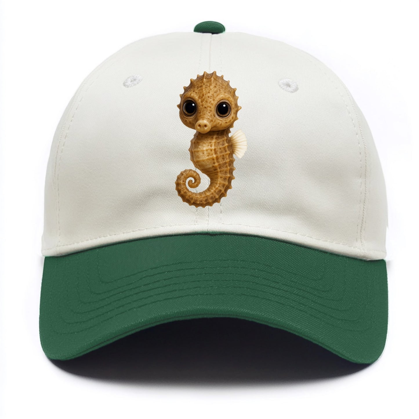Baby Seahorse - curled tail, snout, large eyes, front-facing, delicate and cute - Two Tone Cap - Green