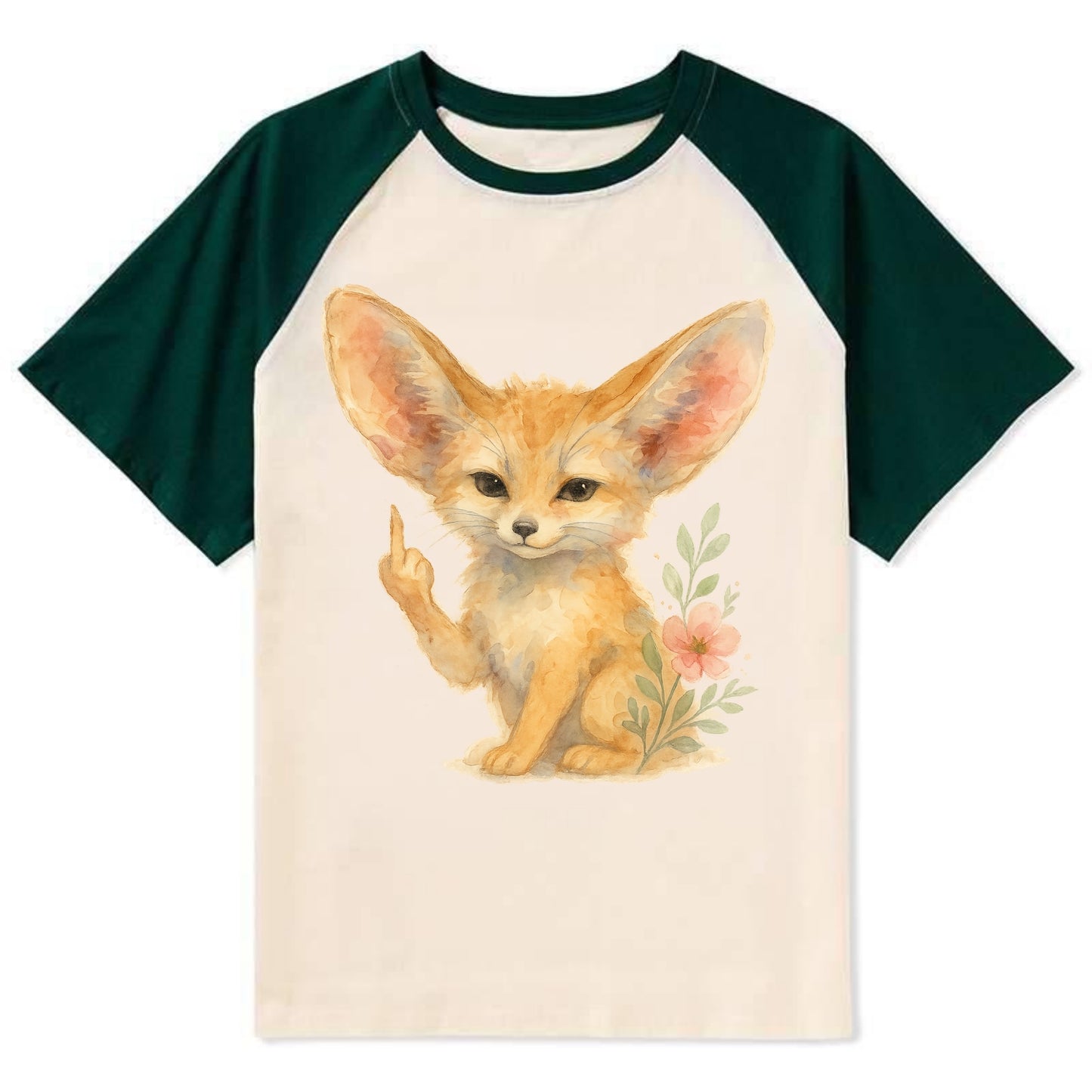 tiny fennec fox with oversized ears, one small paw raised in sass - Contrast Raglan T-shirt - Green