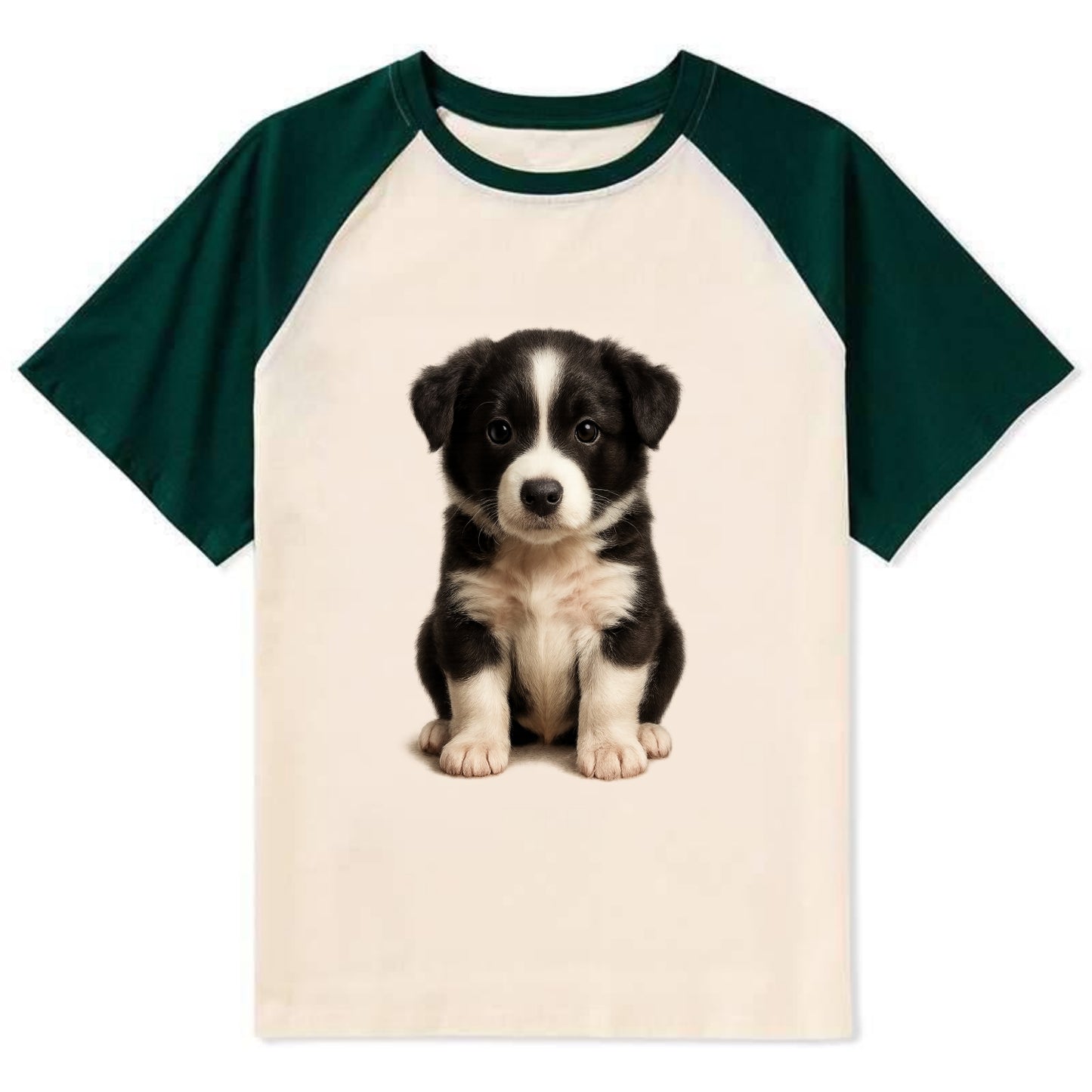 Baby Border Collie Puppy - black and white, intense smart eyes, athletic - Contrast Raglan T-shirt - Green