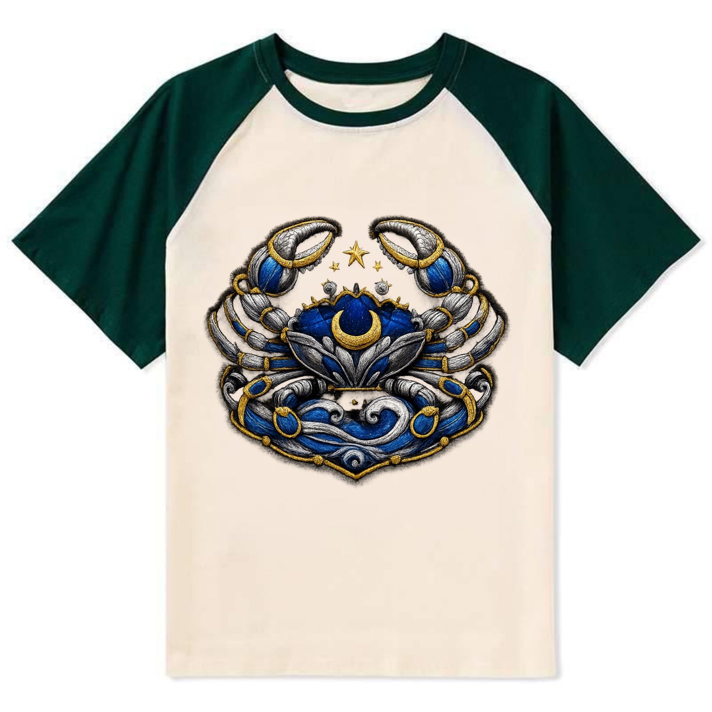 CANCER CRAB - protective crab in silver and blue , water sign - Contrast Raglan T-shirt - Green