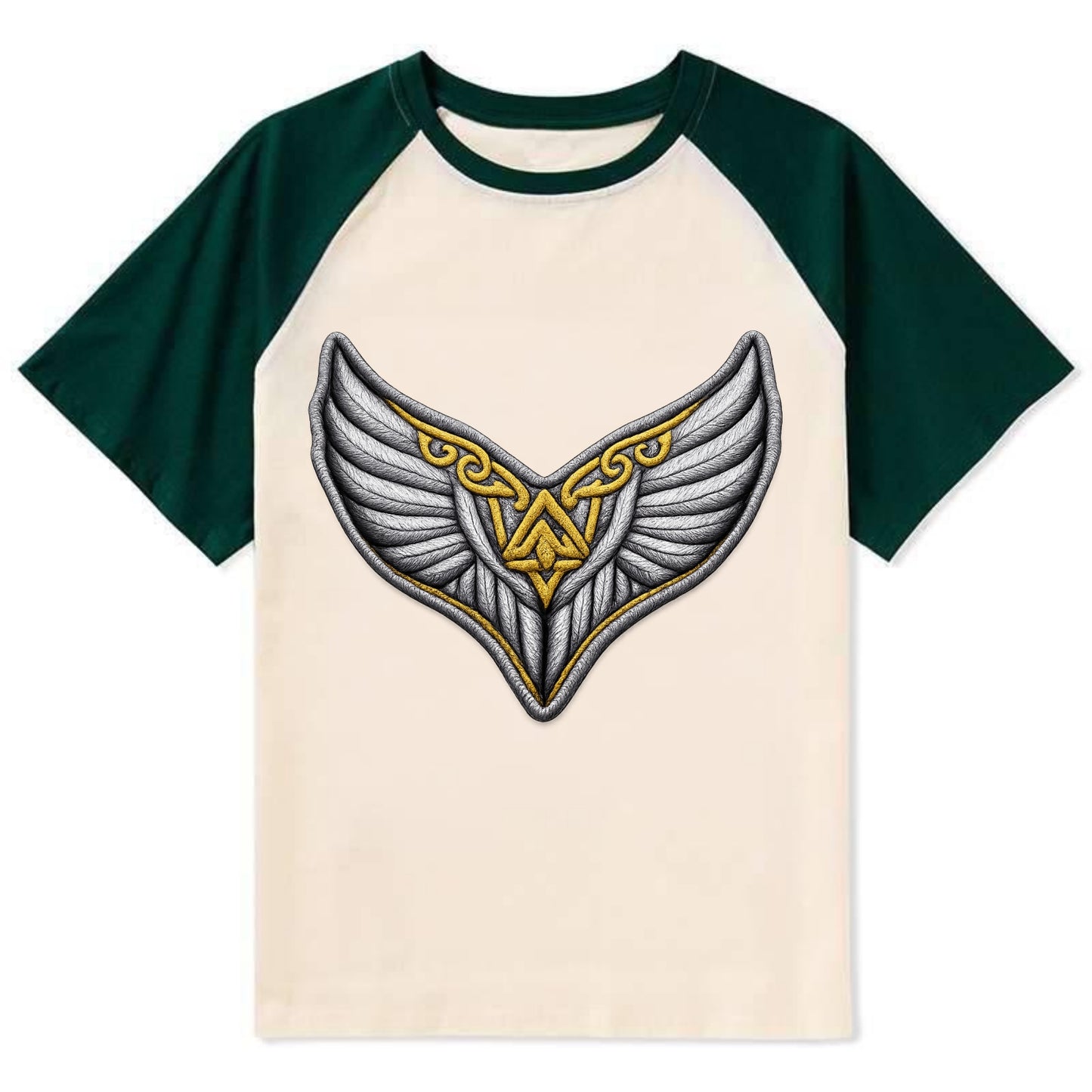 VALKYRIE WINGS - warrior maiden wings in silver and gold , Norse myth - Contrast Raglan T-shirt - Green