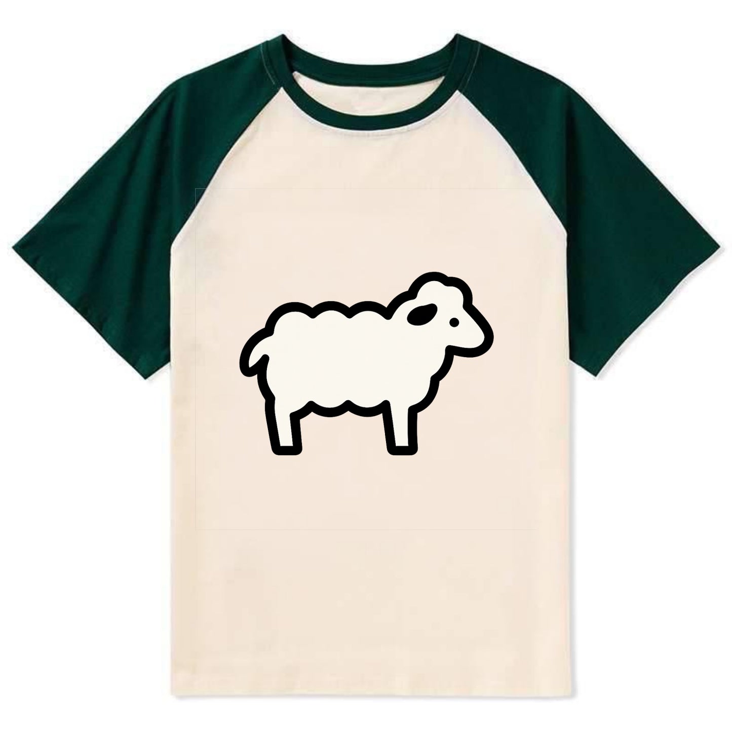Sheep - White fluffy wool flat side profile - Contrast Raglan T-shirt - Green