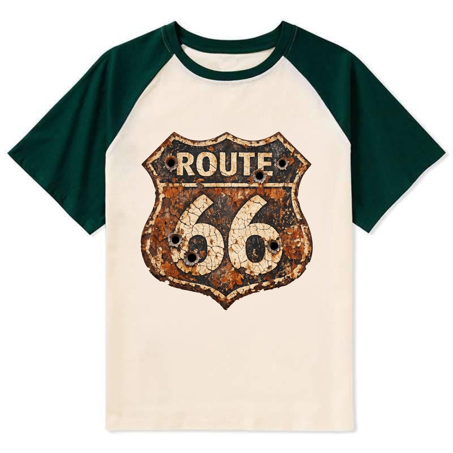 WEATHERED MARKER | Rust-aged Route 66 sign | Desert sun-bleached | Bullet - Contrast Raglan T-shirt - Green