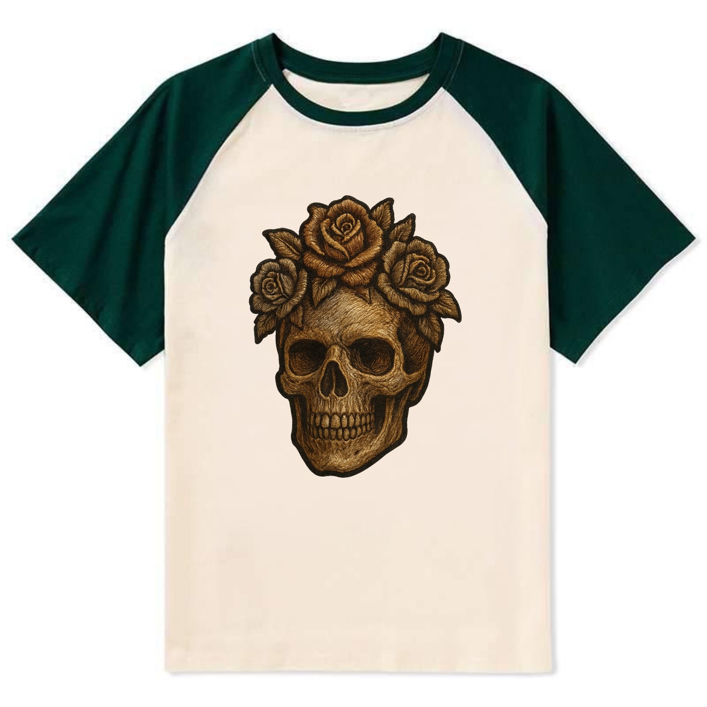 Skull and Roses - Contrast Raglan T-shirt - Green