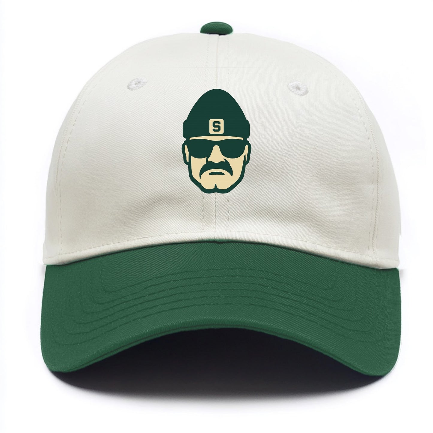 East Lansing Spartan wearing Michigan State beanie with S patch - Two Tone Cap - Green