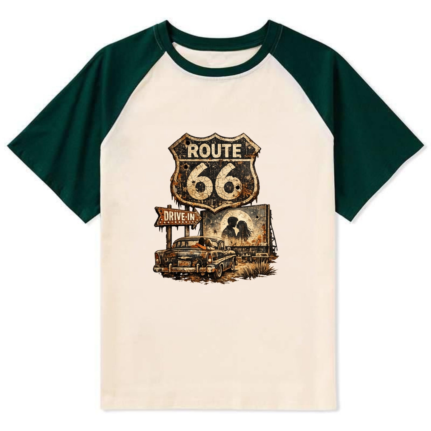 DRIVE-IN | Classic car at drive-in theater | Movie night romance | - Contrast Raglan T-shirt - Green