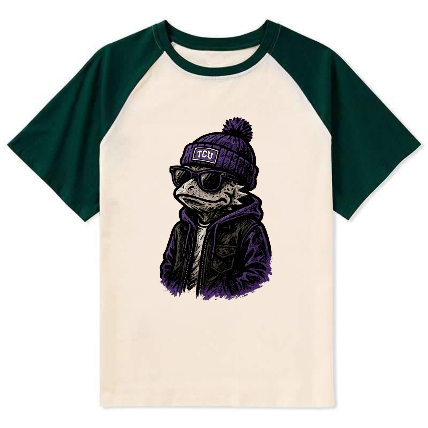 Fort Worth Frog wearing TCU beanie with horned patch - Contrast Raglan T-shirt - Green