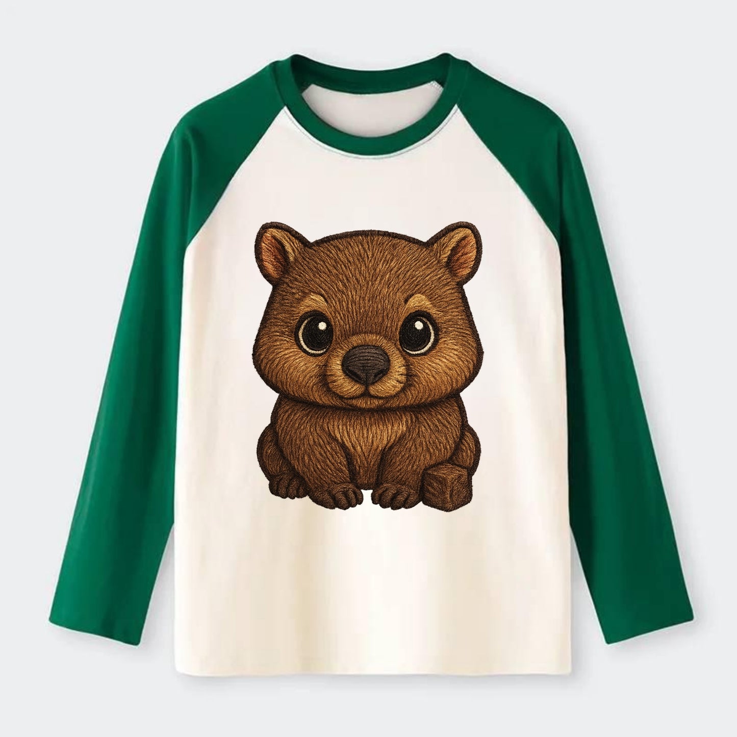 Baby Wombat - brown fur, square nose, small ears, dark eyes, - Raglan Long Sleeve T-Shirt - Green