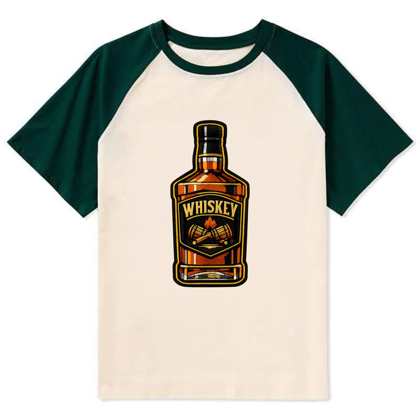 WHISKEY BOTTLE - bourbon bottle in amber and gold , spirits connoisseur - Contrast Raglan T-shirt - Green