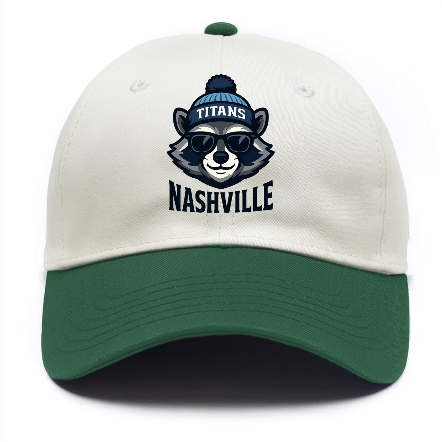 Nashville Raccoon wearing Titans navy and light blue beanie with pom pom and - Two Tone Cap - Green