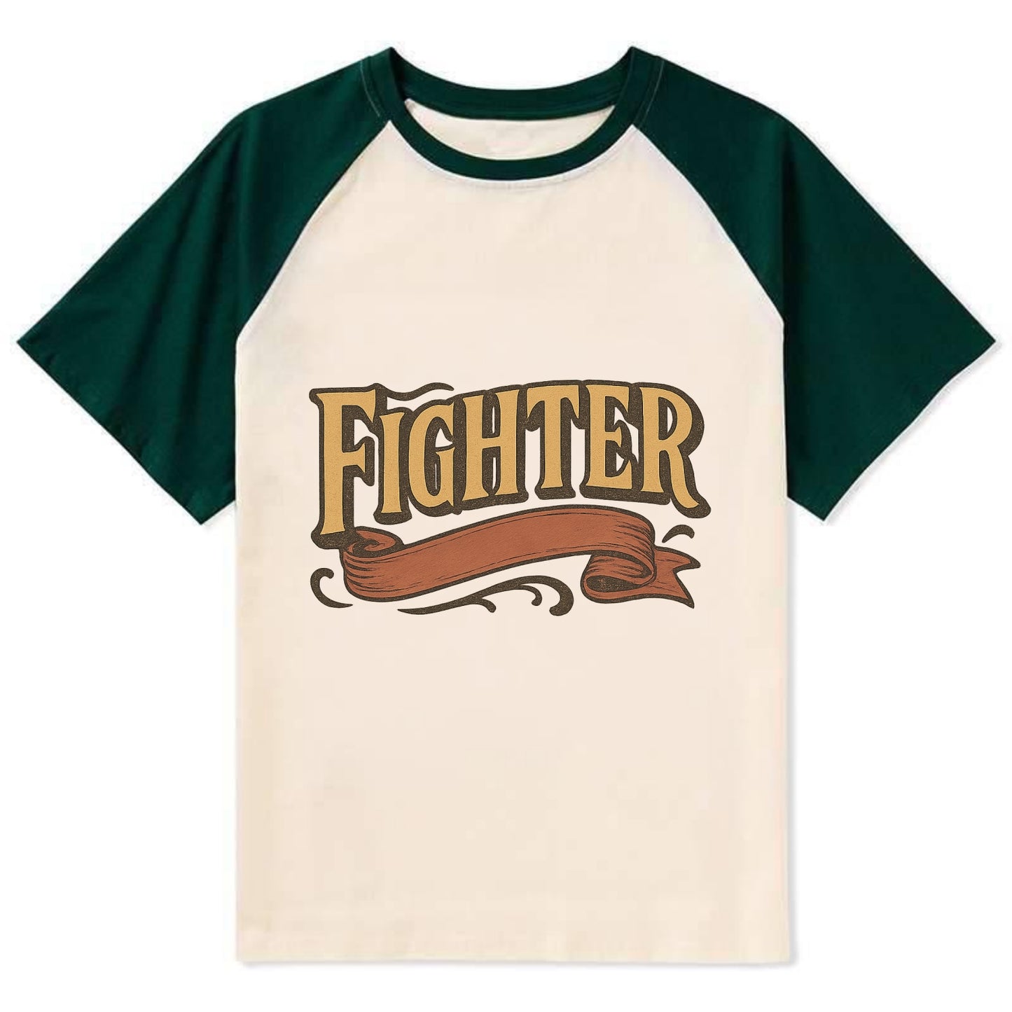 Bold typography design - "FIGHTER" - never giving up, battling on - Contrast Raglan T-shirt - Green