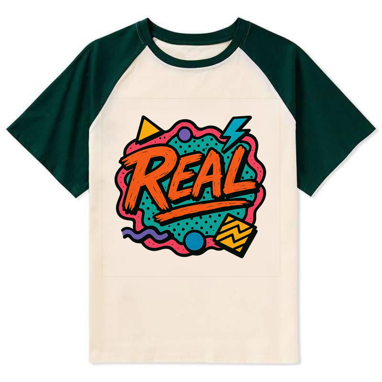Imperfect brush strokes spelling "Real" - authenticity over perfection, - Contrast Raglan T-shirt - Green