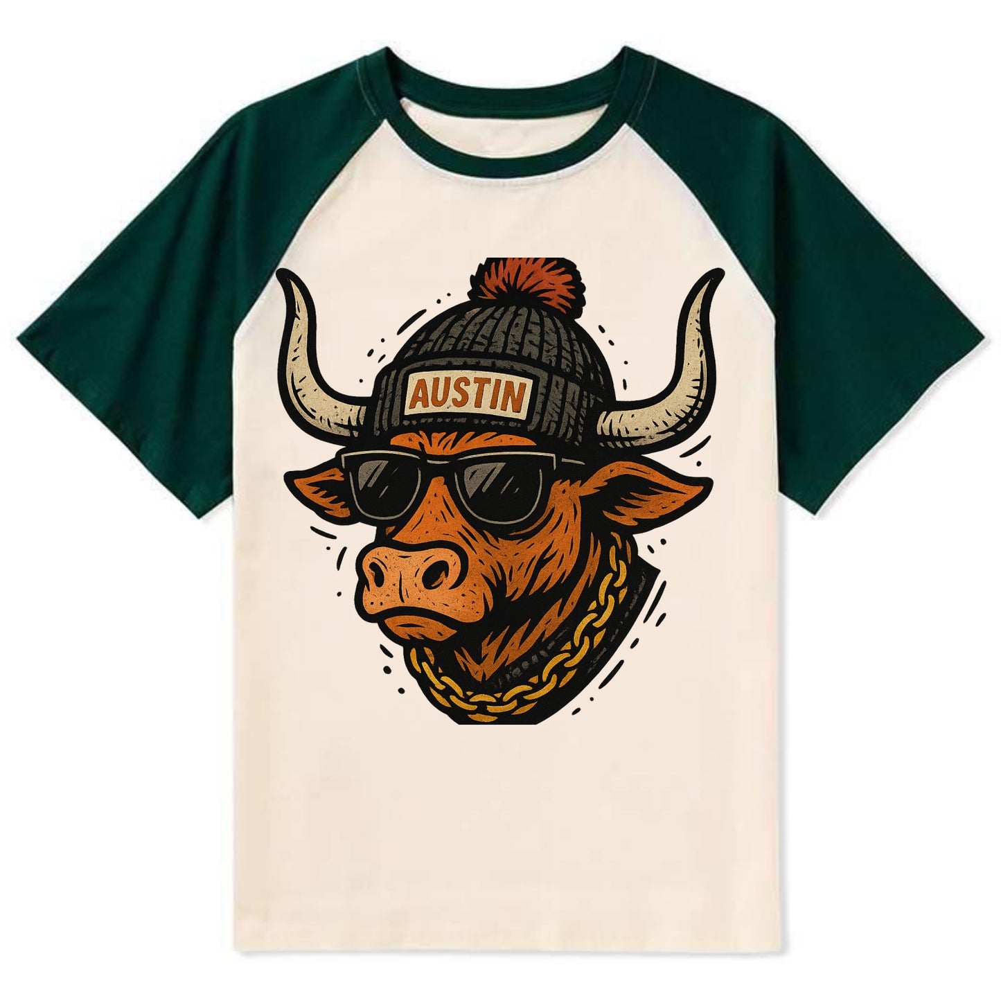 Texas Longhorn wearing Austin beanie with pom pom and wayfarer sunglasses - Contrast Raglan T-shirt - Green