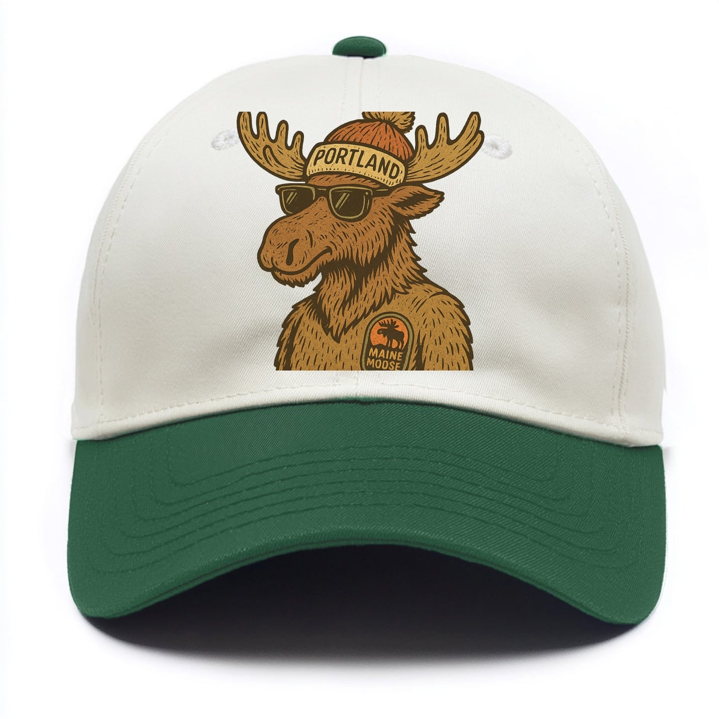 Maine Moose wearing Portland beanie with pom pom and wayfarer sunglasses - Two Tone Cap - Green