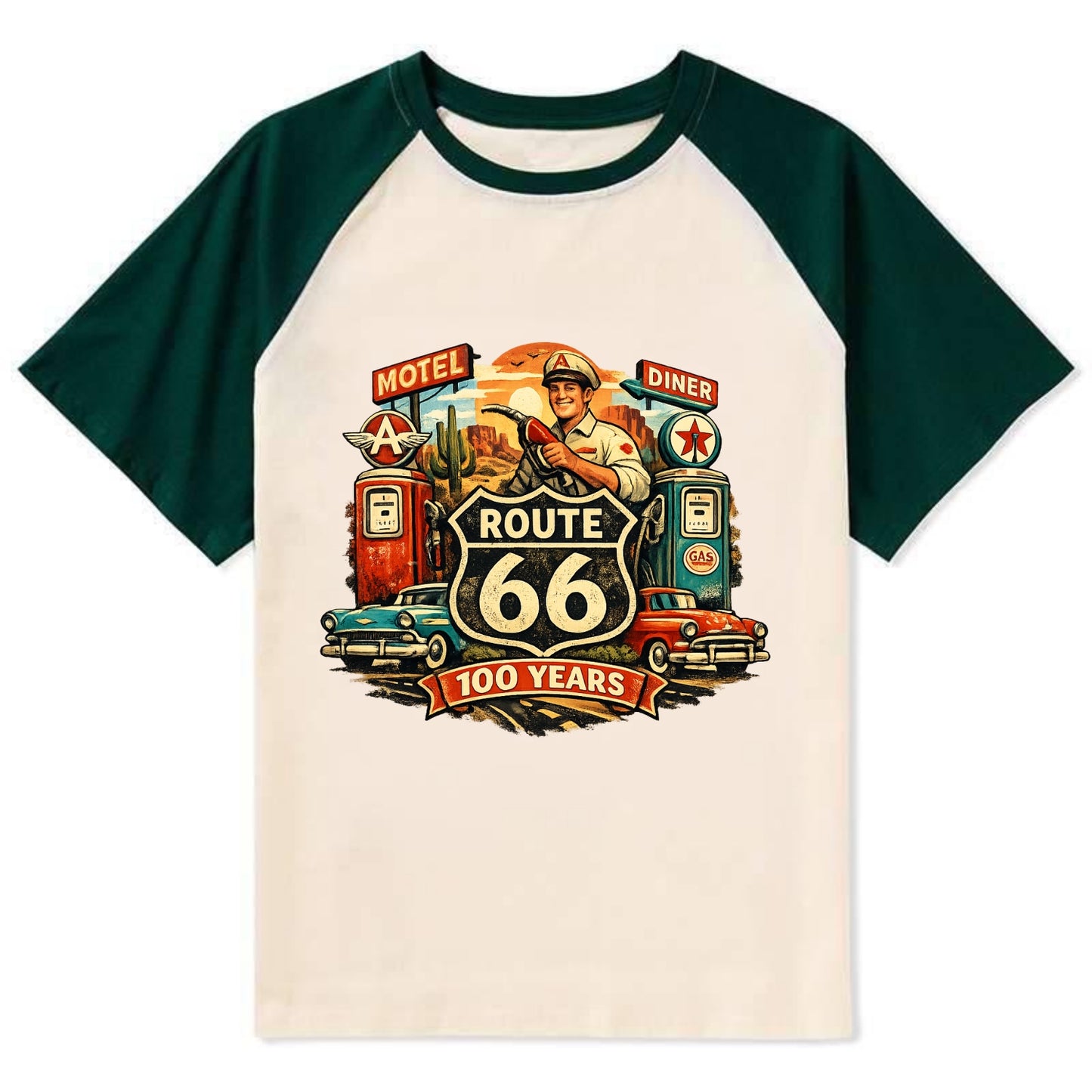 FILL ER UP | Vintage gas pumps | Flying A or Texaco style | Service - Contrast Raglan T-shirt - Green