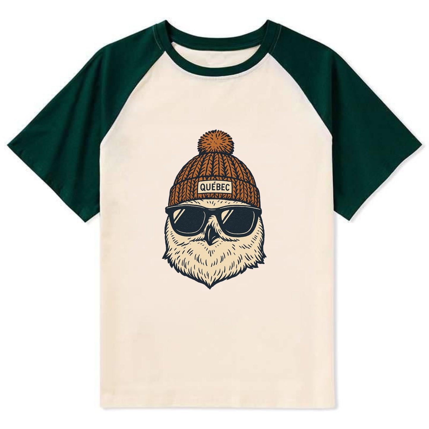 Quebec City Snowy Owl wearing Quebec beanie with pom pom and wayfarer - Contrast Raglan T-shirt - Green