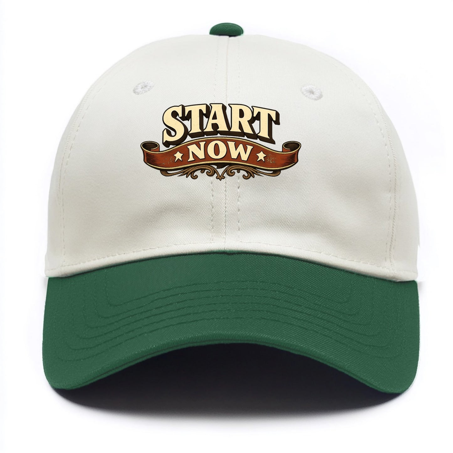 Bold typography design - "START NOW" - begin immediately, no delay - Two Tone Cap - Green