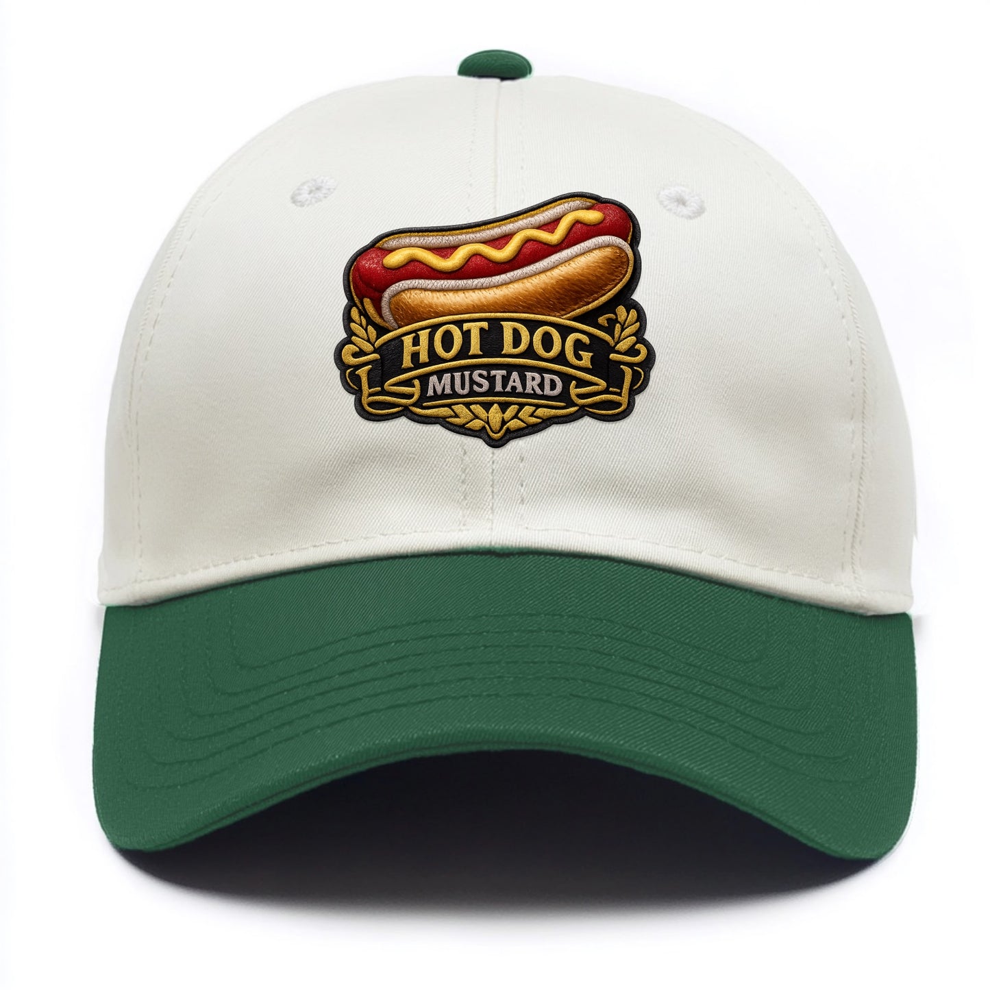 HOT DOG MUSTARD - classic hot dog in tan yellow red , ballpark food - Two Tone Cap - Green