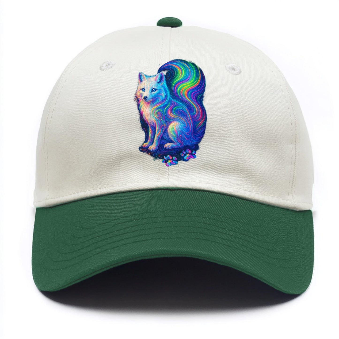 Graceful arctic fox with tail streaming aurora colors, white fur with prismatic - Two Tone Cap - Green