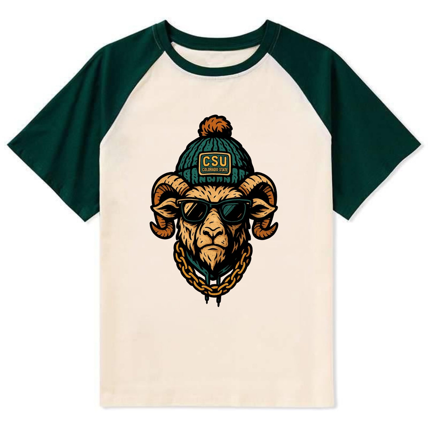 Fort Collins Ram wearing Colorado State beanie with CSU patch - Contrast Raglan T-shirt - Green
