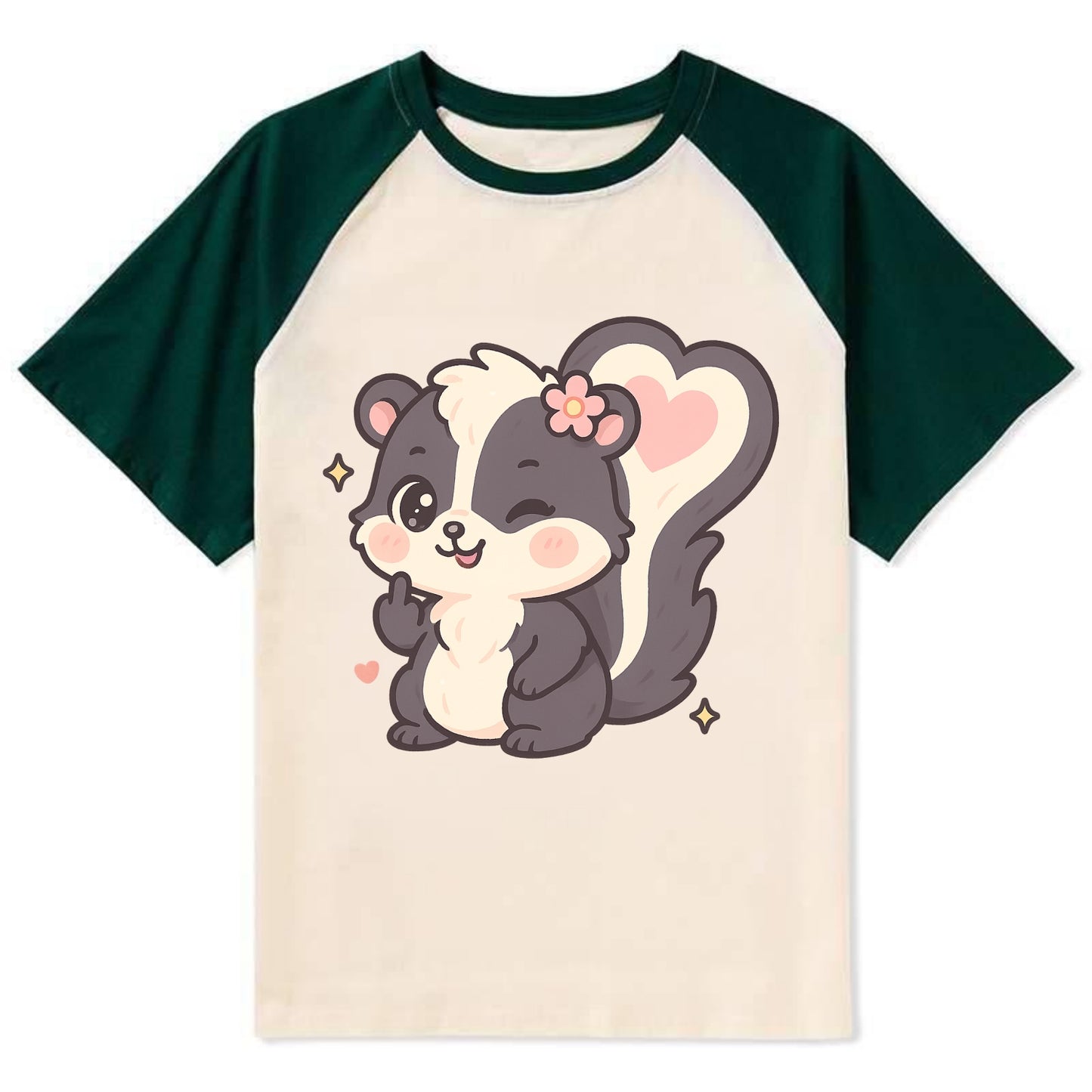 fluffy skunk with heart-shaped tail pattern, one paw up showing sass - Contrast Raglan T-shirt - Green