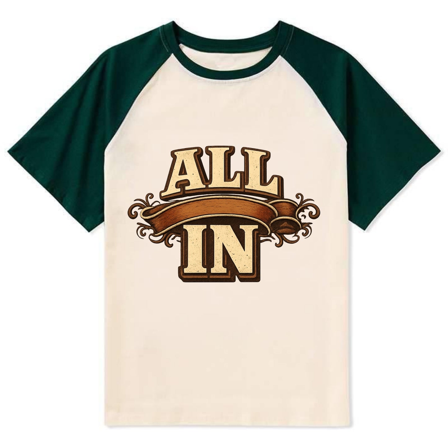 Bold typography design - "ALL IN" - complete commitment, no holding back - Contrast Raglan T-shirt - Green