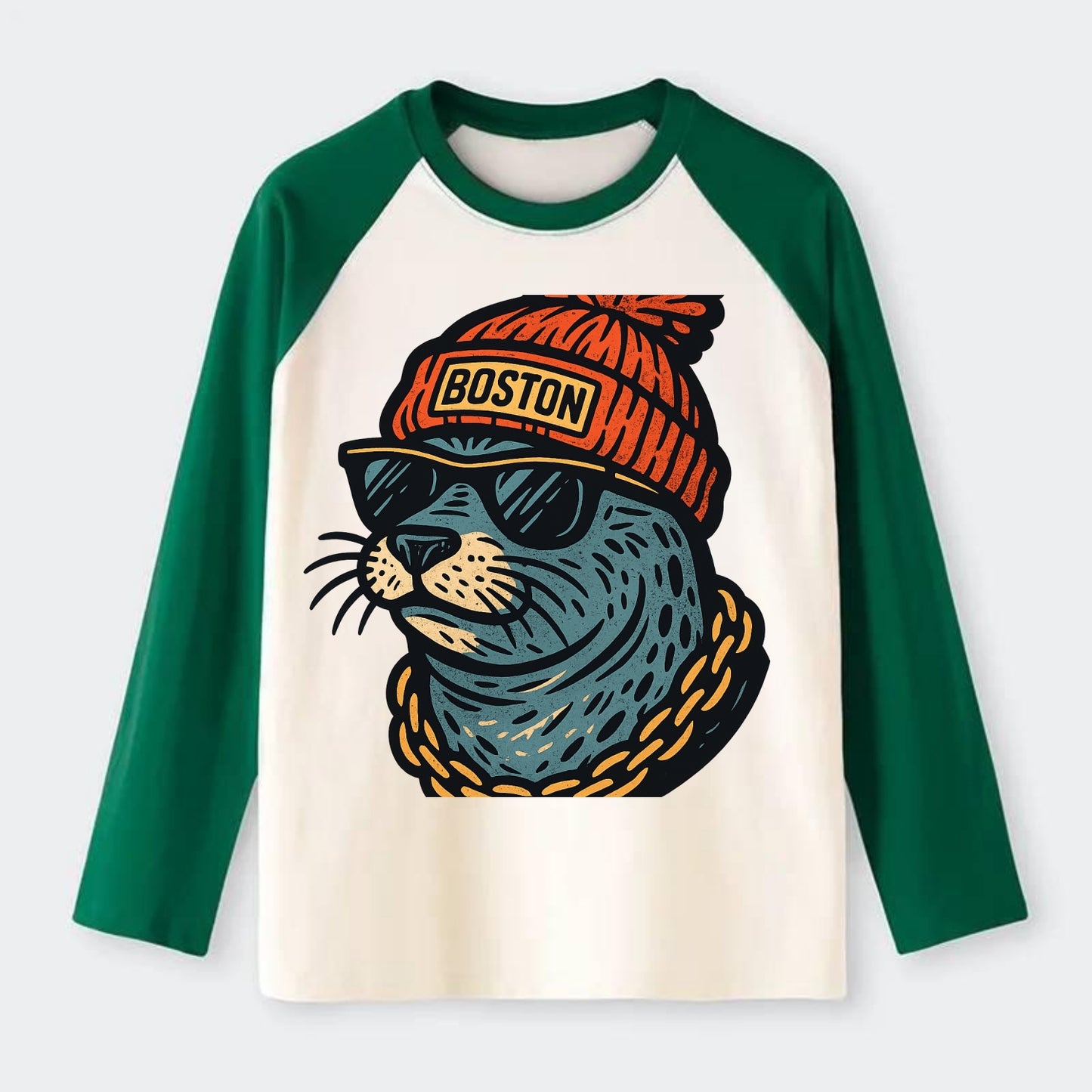 Boston Harbor Seal wearing Boston beanie with pom pom and wayfarer - Raglan Long Sleeve T-Shirt - Green