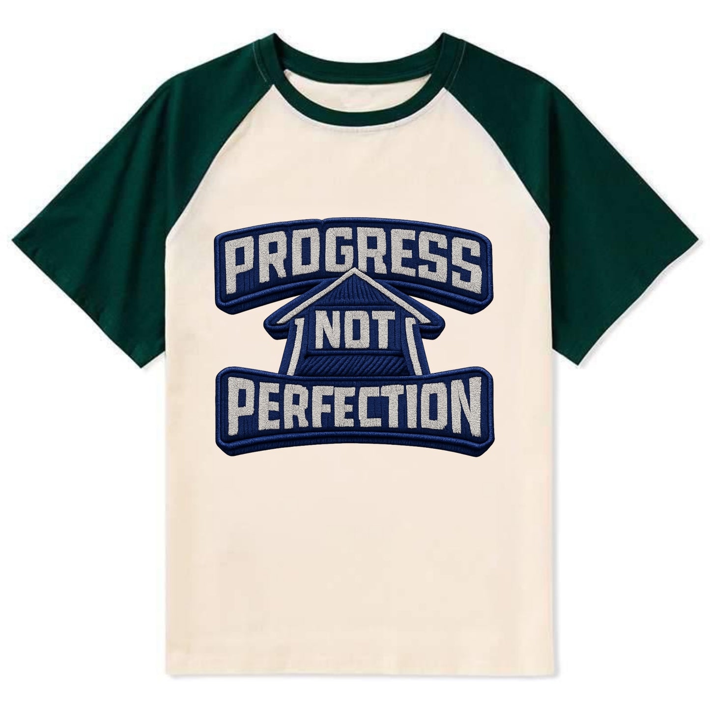 PROGRESS NOT PERFECTION - arrow with text in blue , growth mindset - Contrast Raglan T-shirt - Green