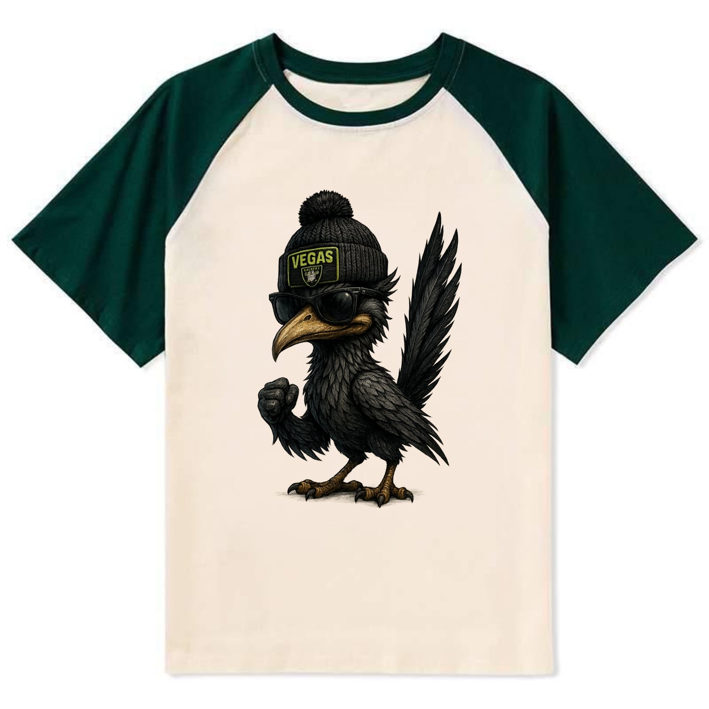 Vegas Roadrunner wearing Raiders beanie with neon patch and wayfarer - Contrast Raglan T-shirt - Green