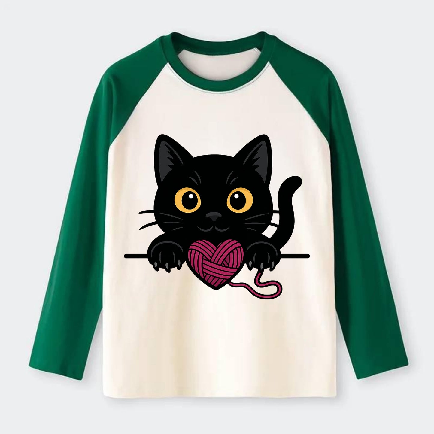 Midnight the black cat stretching tall with claws gently hooked over - Raglan Long Sleeve T-Shirt - Green