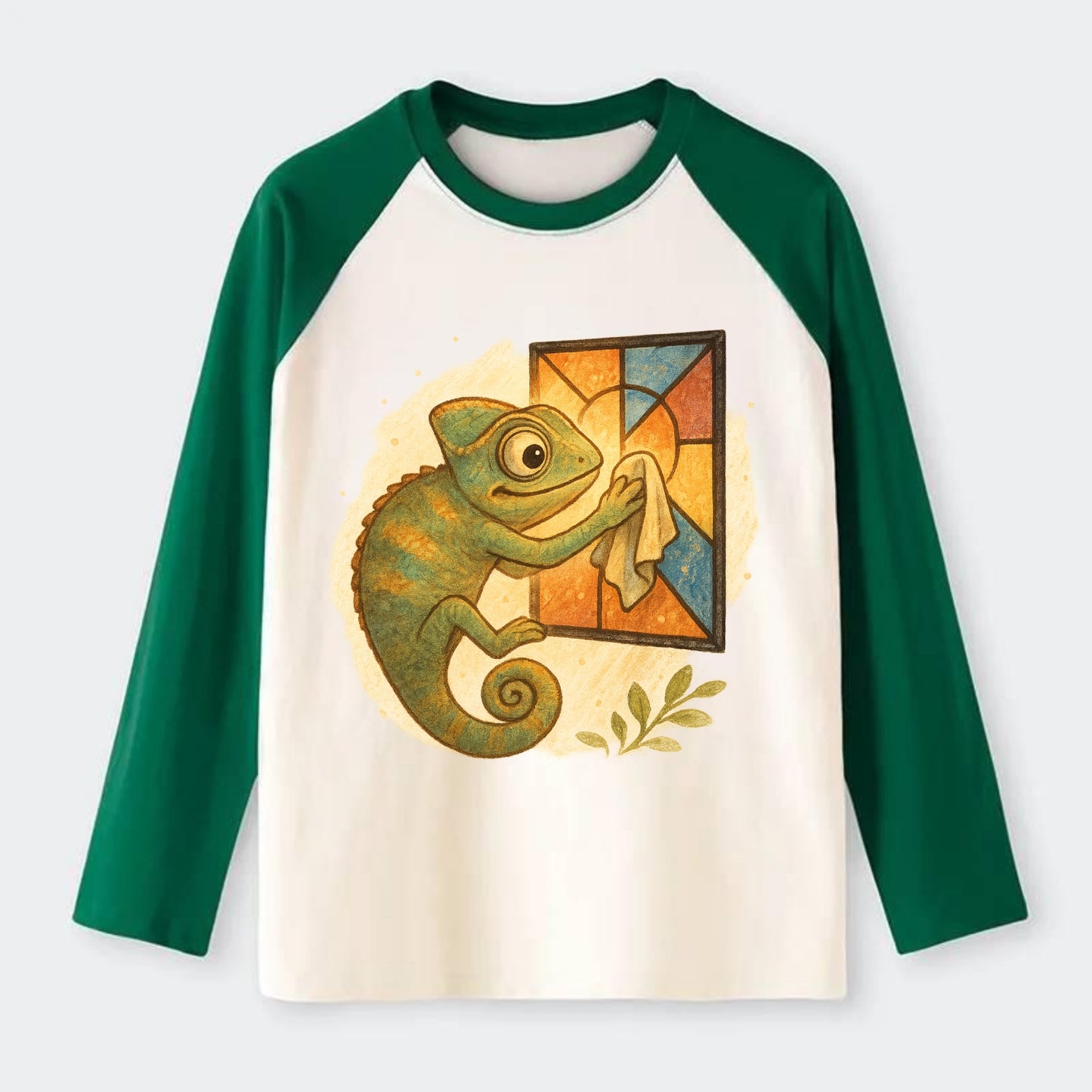 Chameleon blending into a stained-glass window it is polishing with - Raglan Long Sleeve T-Shirt - Green