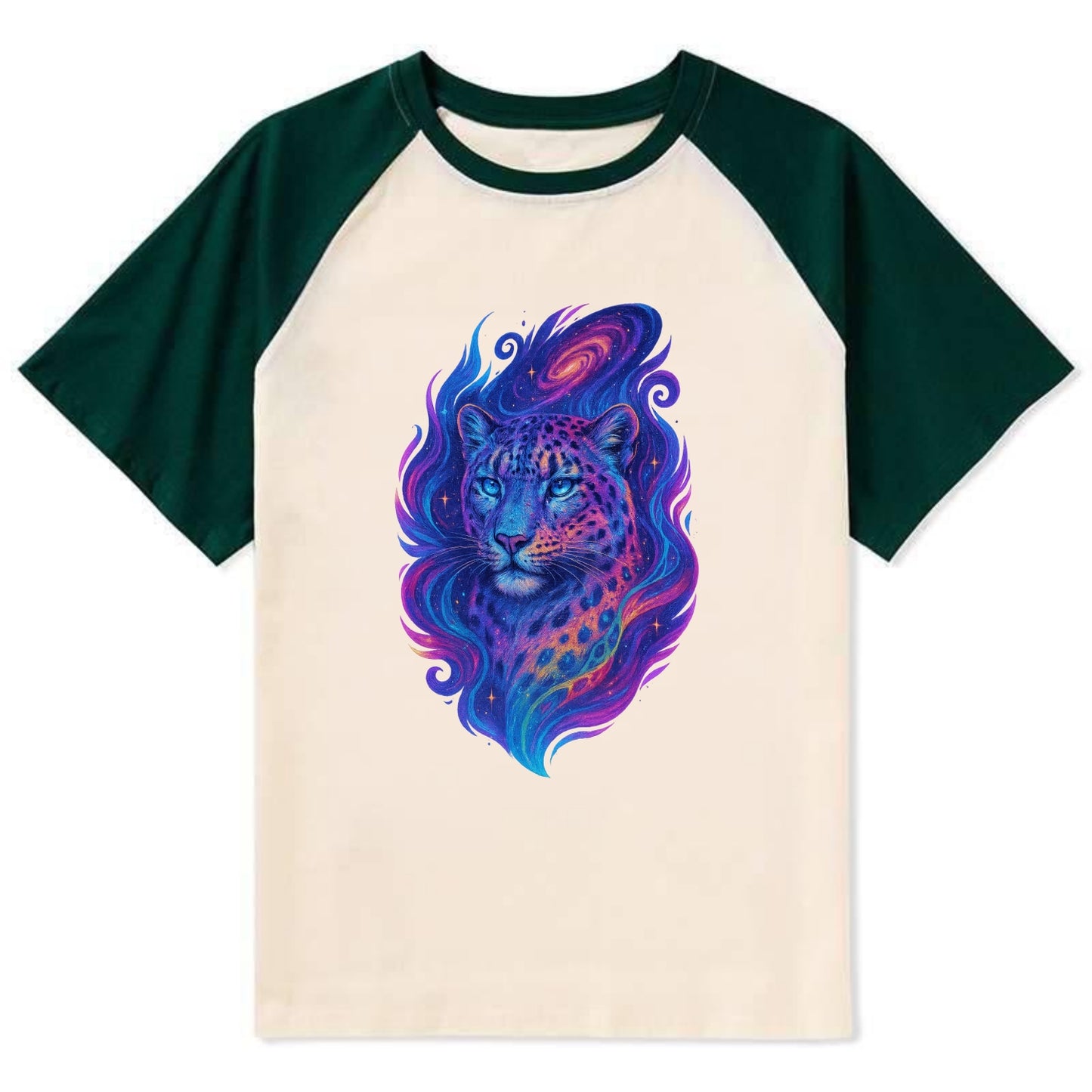 Majestic snow leopard with rainbow gradient spots, crystalline flowing - Contrast Raglan T-shirt - Green