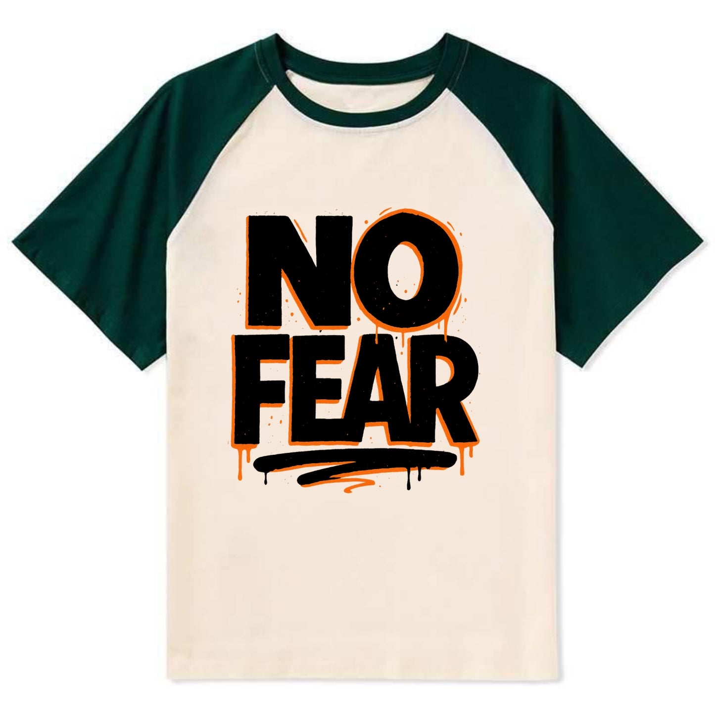 Bold typography design - "NO FEAR" - courage, bravery - Contrast Raglan T-shirt - Green
