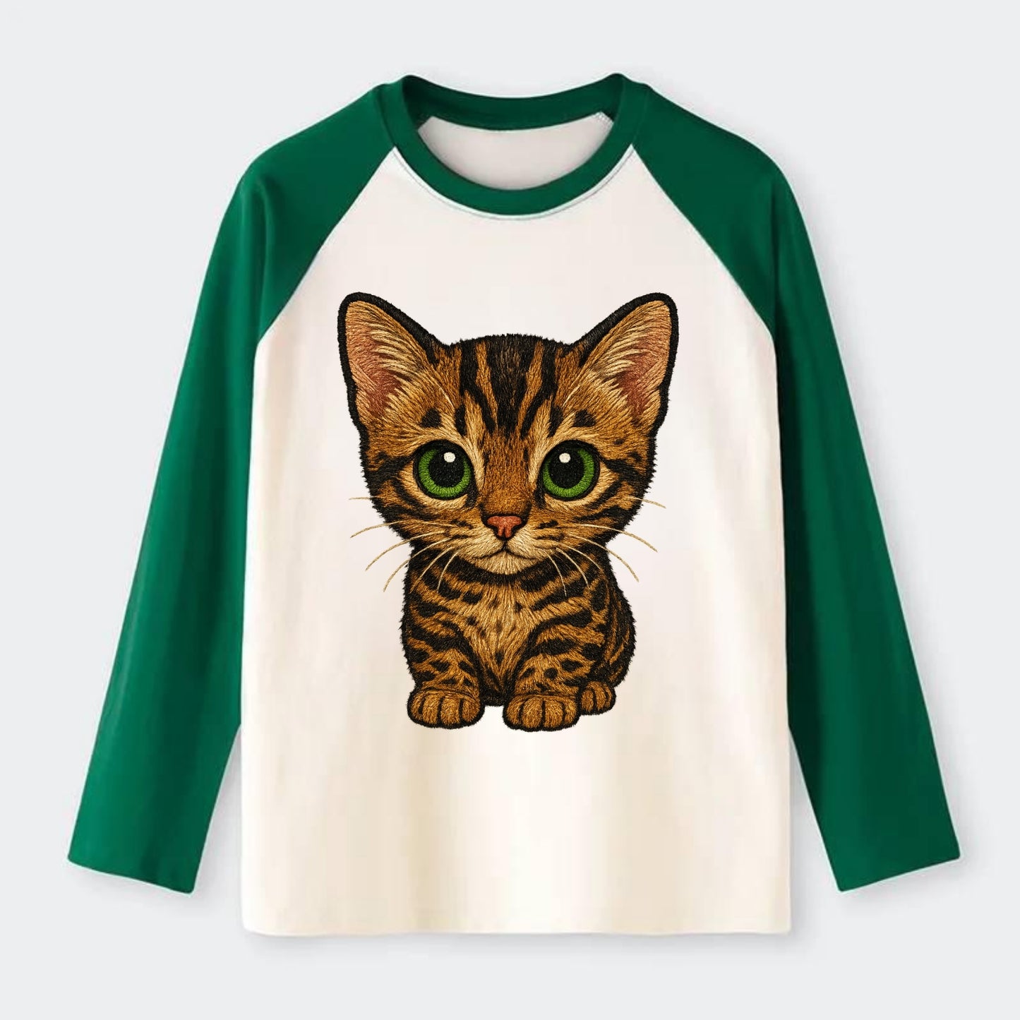 Baby Bengal Kitten - spotted/marbled wild coat, green eyes, athletic - Raglan Long Sleeve T-Shirt - Green