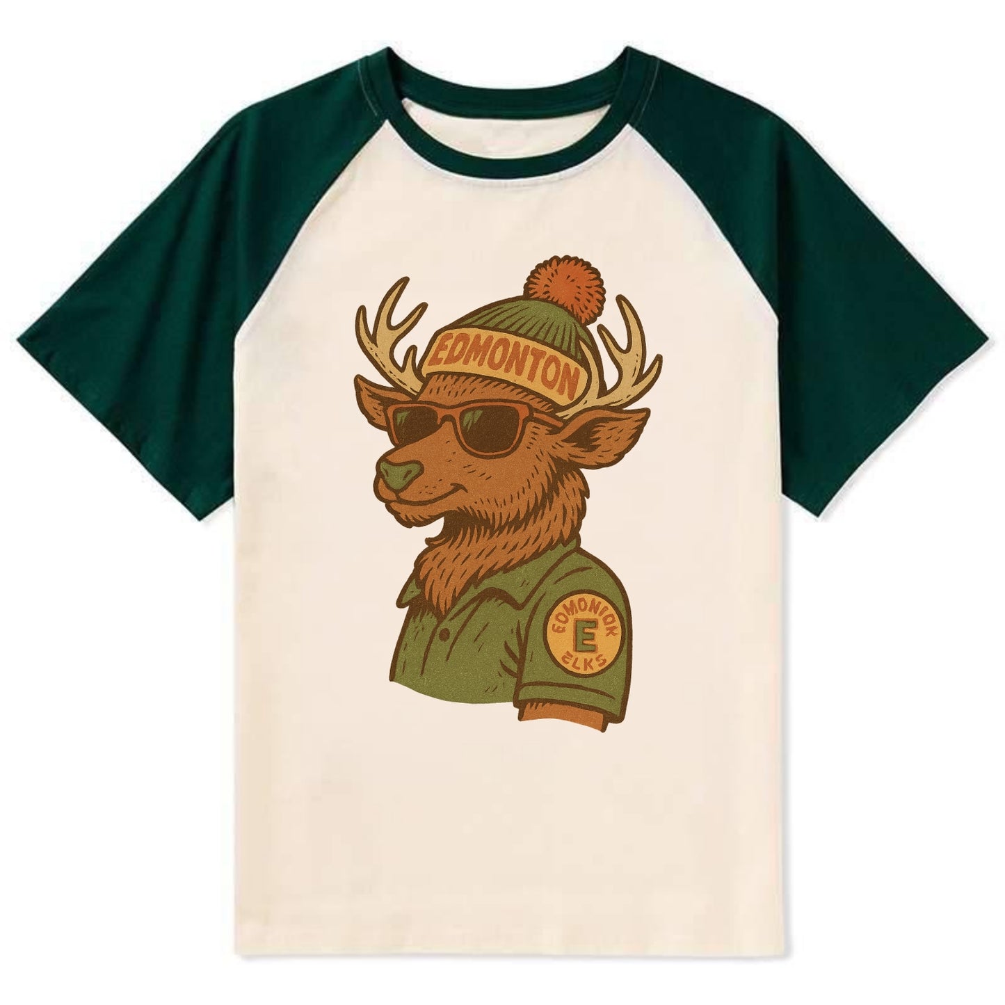 Edmonton Elk wearing Edmonton beanie wit - Contrast Raglan T-shirt - Green