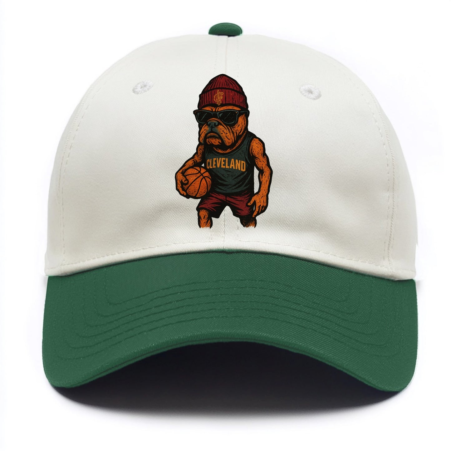 Cleveland Bulldog wearing Cavaliers wine and gold beanie with sword patch and - Two Tone Cap - Green