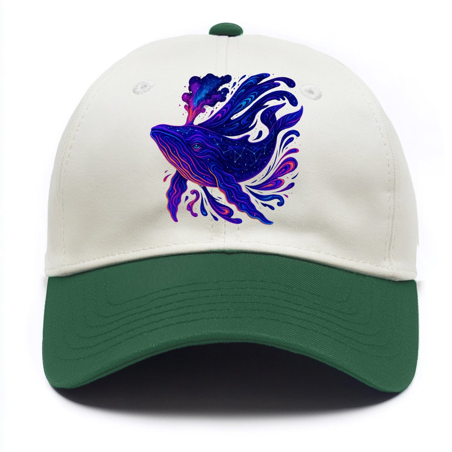 Majestic whale with body composed of galaxy clusters, stellar fins flowing like - Two Tone Cap - Green