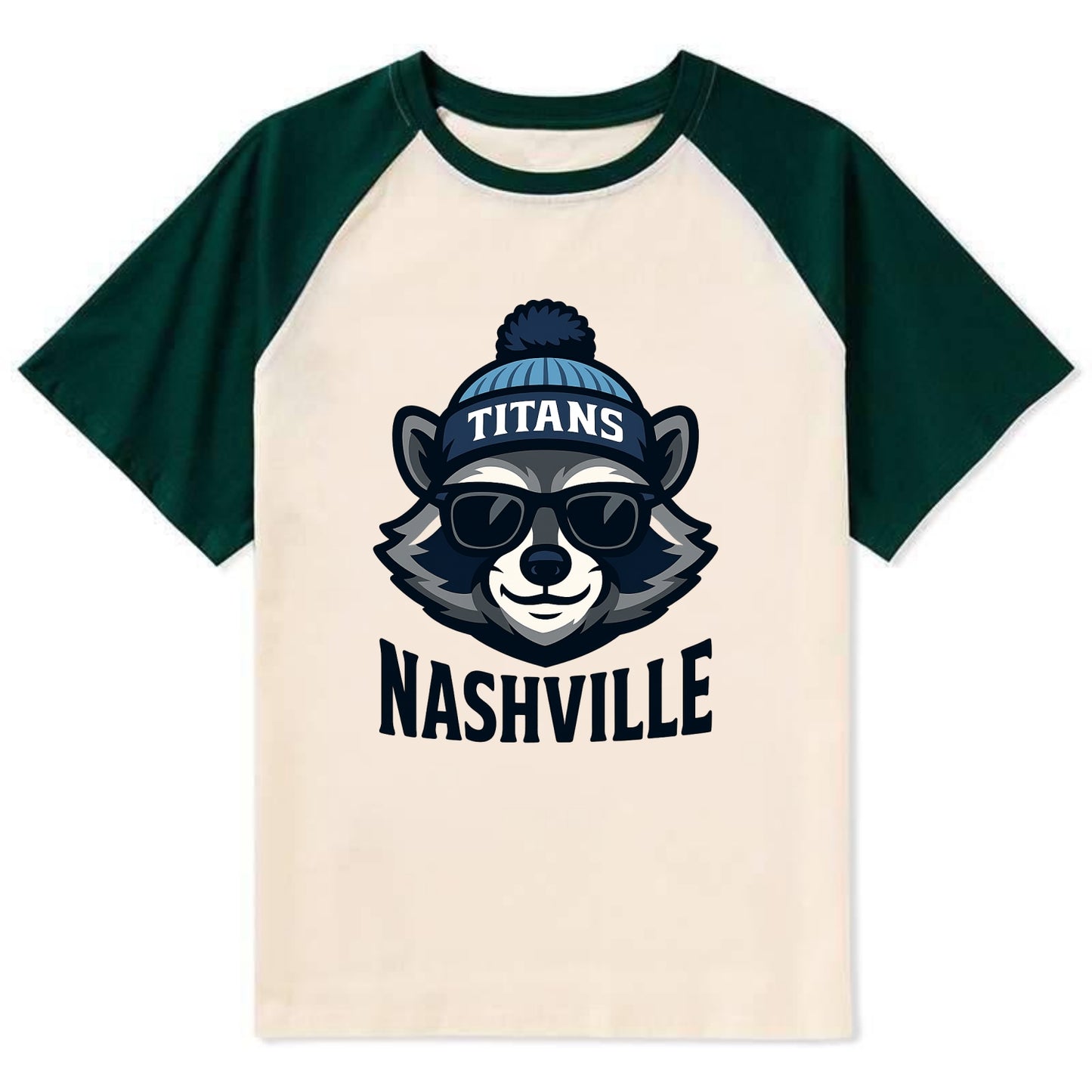 Nashville Raccoon wearing Titans navy and light blue beanie with pom pom - Contrast Raglan T-shirt - Green