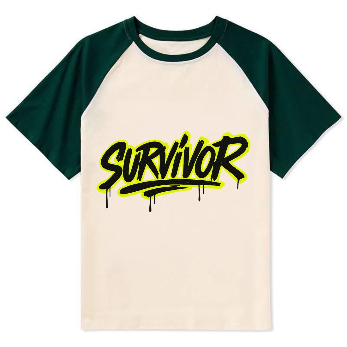 Bold typography design - "SURVIVOR" - overcomer, still standing, made it - Contrast Raglan T-shirt - Green