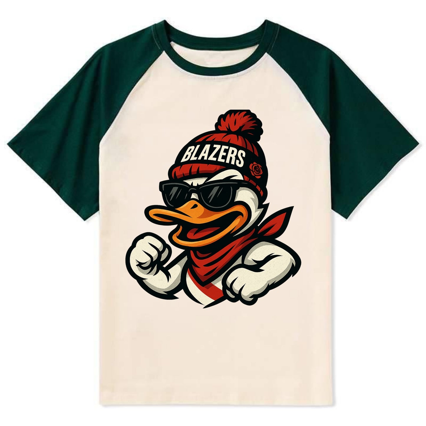 Oregon Duck wearing Trail Blazers beanie with rose patch and wayfarer - Contrast Raglan T-shirt - Green