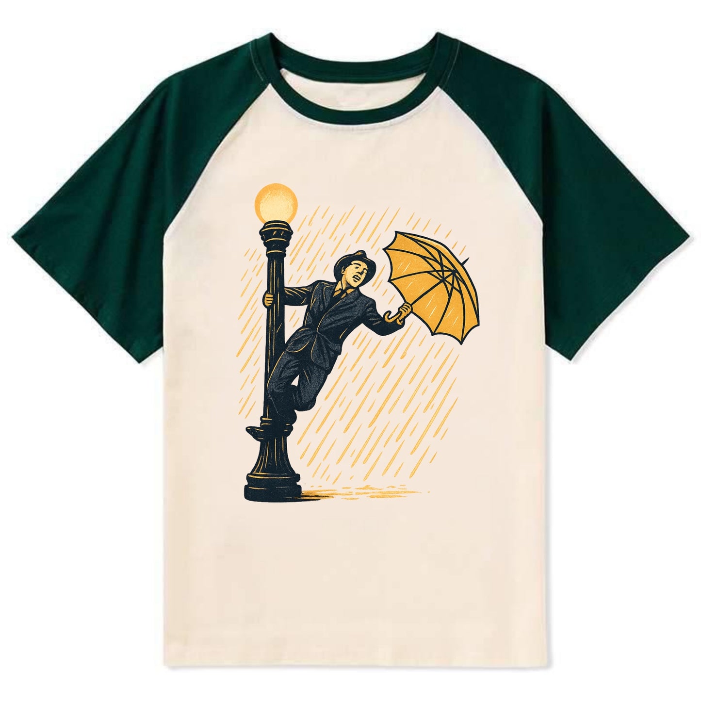 joyful dancing on lamppost in heavy rain with big smile - Contrast Raglan T-shirt - Green