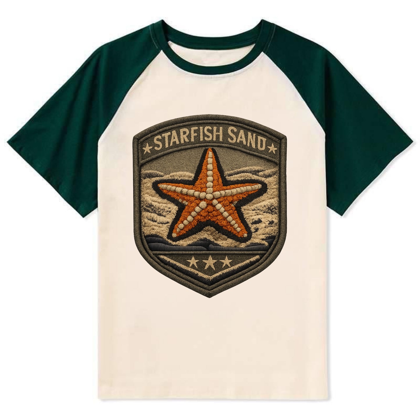 STARFISH SAND - sea star in orange and tan , beachcomber - Contrast Raglan T-shirt - Green