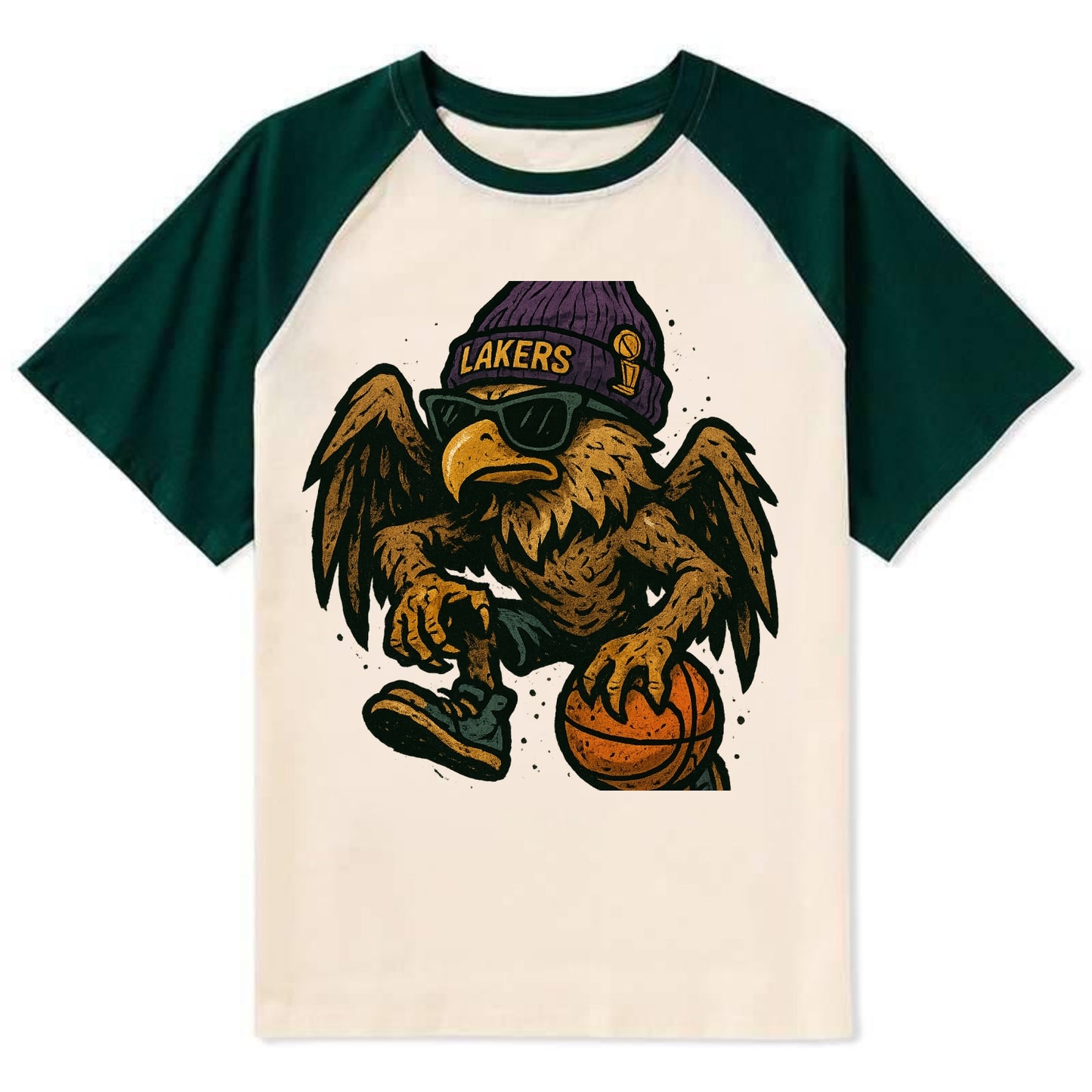 Los Angeles Golden Eagle wearing Lakers beanie with trophy patch and - Contrast Raglan T-shirt - Green